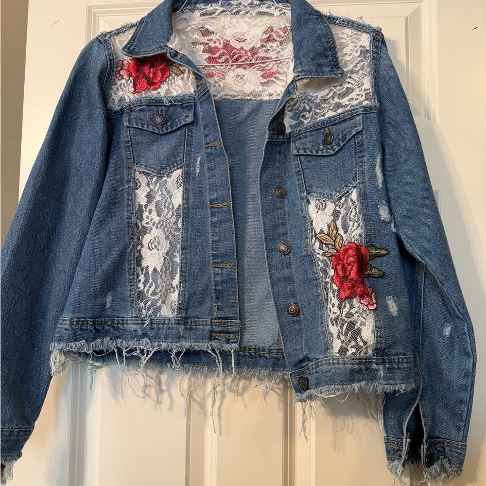 Embroidered Denim Jacket with Lace Accents